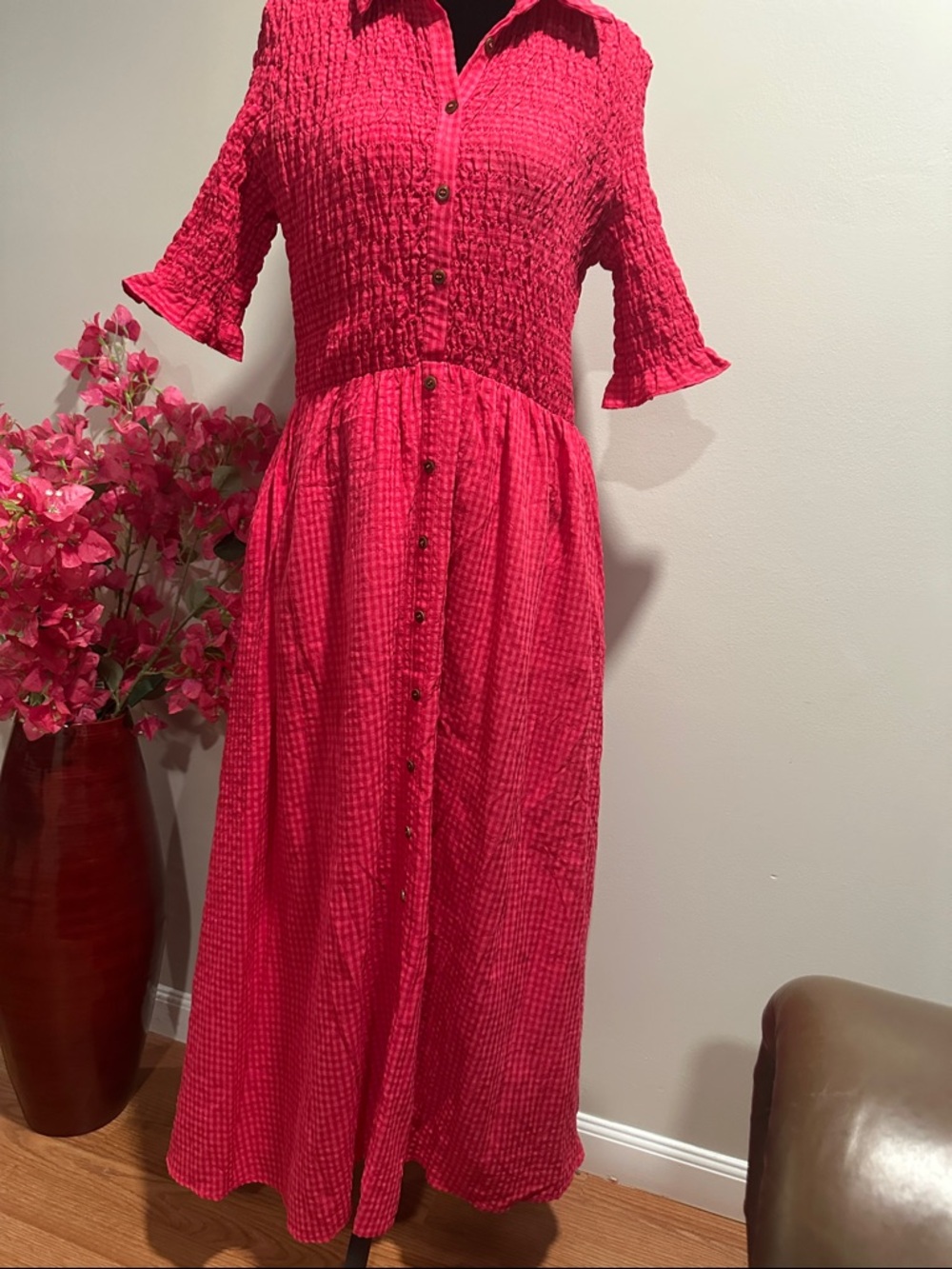 Bright Pink Button-Front Maxi Dress